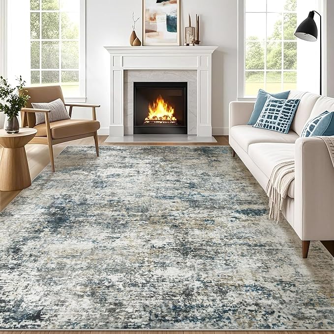 6x9 Washable Area Rug for Living Room: Modern Abstract Rugs Soft Non-Slip Low-Pile Indoor Floor Carpet for Bedroom, Dining Room, Nursery (BlueGreyBrown, 6'x9')