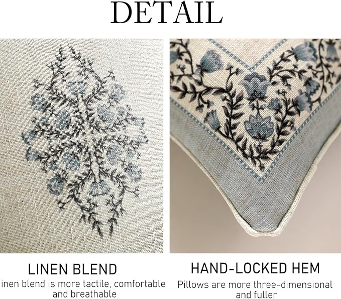 ISAENNE Design Linen Rectangle Throw Pillow Covers 12"x20" Pack of 2, Cottage Farmhouse Cushion Covers with Blue Grey Thorn Vine Pattern Decoration Pillowcases for Bed, Living Room, Outdoor, Car