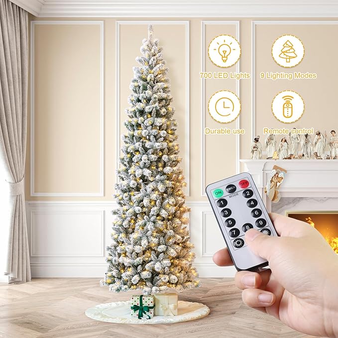Glitzhome 11ft Prelit Artificial Christmas Tree, Flocked Pencil Christmas Tree with 700 Warm White/Multi-Color Lights, Remote Controlled Slim Pine Christmas Tree with Lights for Indoor Holiday Decor