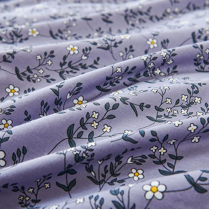 HoneiLife Queen Size Duvet Cover - Cotton Comforter Sets, Floral with Zipper Closure & Corner Ties, Pale Purple, Soft & Breathable - Lavender Grey, 3Pcs