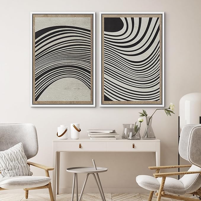 SIGNWIN Framed Canvas Print Wall Art Set Mid-Century Spiral Wave Collage Abstract Shapes Cozy Neutral Minimal Decorative Nordic Zen Bohemian for Living Room, Bedroom, Office - 24"x36"x2 White