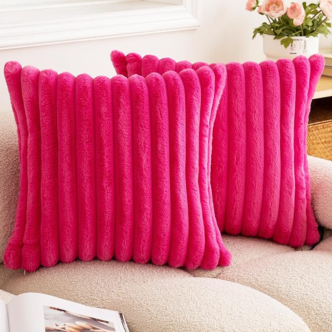 Double-Sided Faux Fur Plush Throw Pillow Covers 22x22 Set of 2 Fuzzy Striped Soft Cozy Pillowcase Luxury Decorative Pillows Square Fluffy Cushion Covers for Couch Sofa Bed,Hot Pink