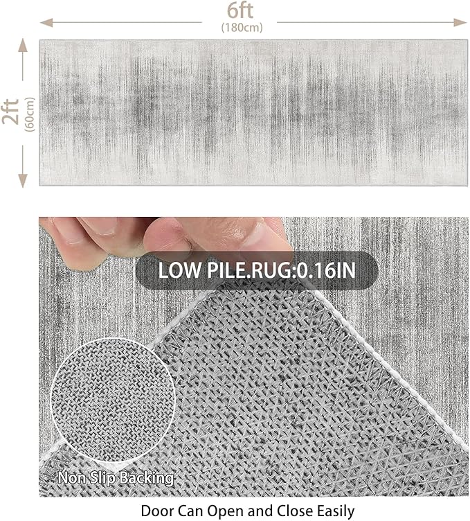 Enkor Runner Rug for Hallway, 2x6 Washable Soft Non Slip Abstract Rugs for Kitchen, Modern Mat for Entryway Living Room Bedroom White & Grey