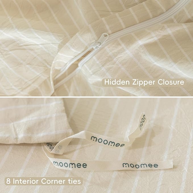 MooMee Striped Duvet Cover Set 100% Washed Cotton Linen Like Textured Breathable Durable Soft Comfy (Almond Milk Grey White Wide Stripes, Oversized Full 82"x86")