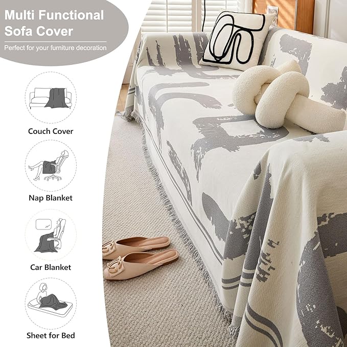 ROOMLIFE Grey Boho Stripped Couch Cover, Modern Abstract Couch Covers for 3 Cushion Couch Sofa Pet Friendly, Large Chenille Sofa Cover for Sectional Sofa Washable Dog Couch Cover Protector 71"*134"