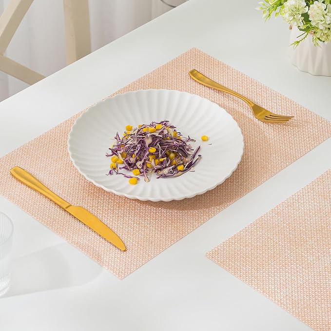 BACKTOEDEN Placemats Set of 6 Heat Resistant Washable Wipeable Placemat Woven Non-Slip Foldable Vinyl/Plastic Place Mats Indoor/Outdoor Mat Kitchen Dining Table Pad, Bright Silk Pink