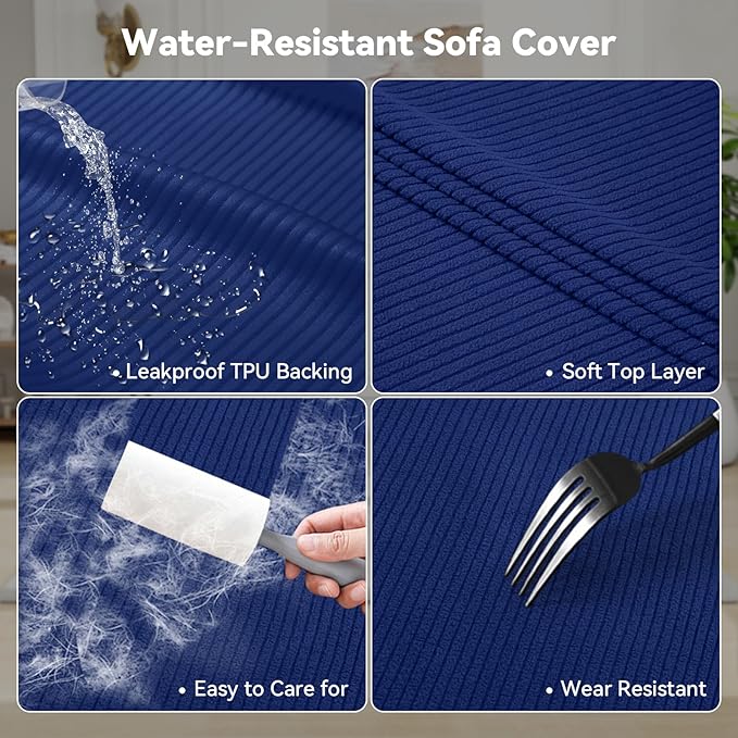 Waterproof Loveseat Cover 3-Piece Set Striped Slipcover for 2 Separate T Cushion Couch - TPU Fabric 2-Seater Sofa Covers Leakproof Couch Protector for Kids, Pets(Loveseat, Navy)