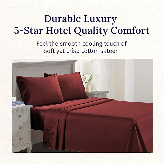 California Design Den 100% Cotton Twin Sheets Set - Luxury 600 Thread Count, Sateen Weave, Cooling Deep Pocket Sheets Twin Size Bed Set, Hotel Quality Silky Sheets - Brick Red