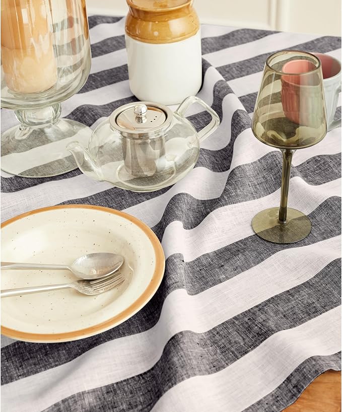 Solino Home Linen Tablecloth 60 x 108 Inch - Cabana Stripe 100% Pure Linen Black and White Table Cloth for Rectangle Tables - Machine Washable Tablecloth for Fall, Thanksgiving, Holiday