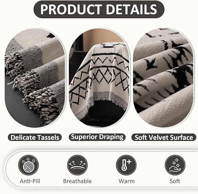 VClife Chenille Couch Cover Slipcover, Sectional Couch Cover for 3 Cushion Couch Sofa Pet Sofa Protector, Anti Slip White Tribal Pattern Couch Covers Furniture Protector wit Tassel, White, 71"X134"