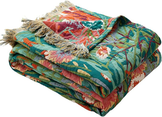 Boho Throw Blanket for Bed 100% Cotton Ultra Soft Rustic Quilt Fall Blanket Bird Floral Printed Farmhouse Decor Bed Blankets,60"×80" All Season Rustic Throw for Sofa Couch Chair