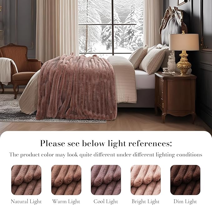 Amélie Home Faux Fur Throw Blanket for Couch, Ultra Cozy Fuzzy Fluffy Fur Luxurious Soft Striped Plush Gift Blankets for Family Sofa Chair Bedroom, 55"x70", Cationic Fox Brown