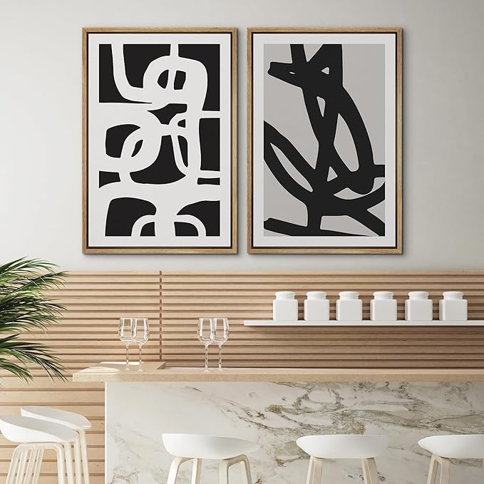 SIGNWIN Framed Canvas Print Wall Art Set Black White Geometric Dark Ring Collage Abstract Shapes Illustrations Modern Art Minimal Boho Relax/Calm for Living Room, Bedroom, Office - 16"x24"x2 Natural