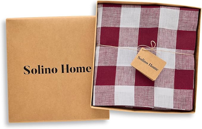 Solino Home Checkered Tablecloth 60 x 108 Inch - 100% Pure Linen Burgundy and White Buffalo Plaid Table Cloth for Rectangle Tables - Machine Washable Tablecloth for Fall, Autumn, Thanksgiving