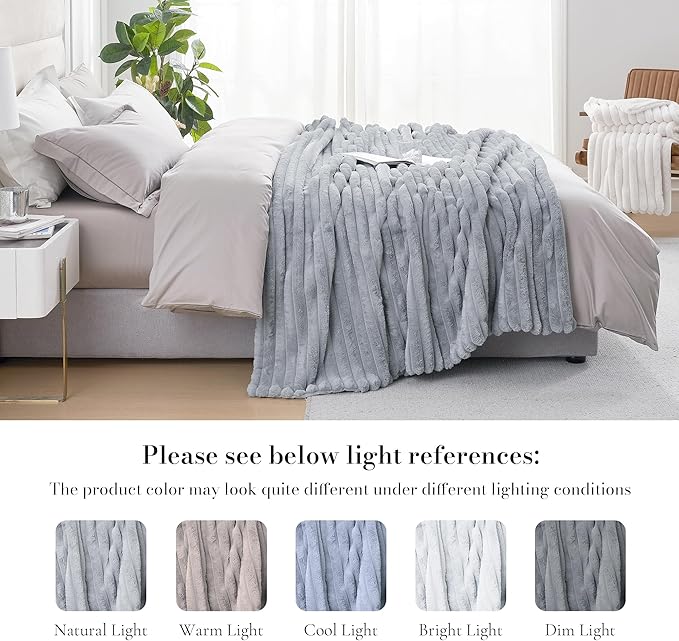 Amélie Home Faux Fur Throw Blanket for Couch, Cozy Fuzzy Fluffy Fur Luxurious Soft Striped Plush Gift Blankets for Family Sofa Chair Bedroom, 55"x70", Light Grey