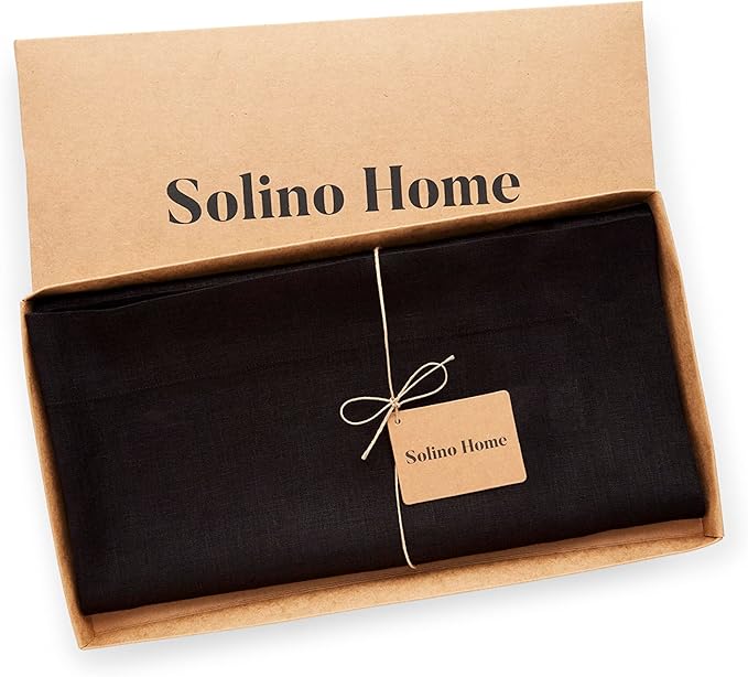 Solino Home Black Linen Tablecloth 52 x 52 Inch - 100% Pure Linen Square Table Throw - Fete, Machine Washable Table Cloth for Fall, Autumn, Winter, Thanksgiving, Christmas, Holiday