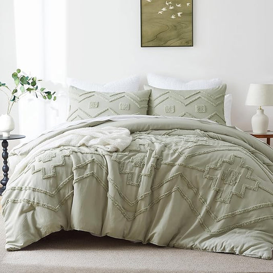 Oli Anderson Boho Tufted Comforter Set Twin Size, 2 Pcs Soft Jacquard Bedding Set for All Seasons, Shabby Chic Farmhouse Bedding Set with Comforters for All Seasons (Mist Sage, Twin)