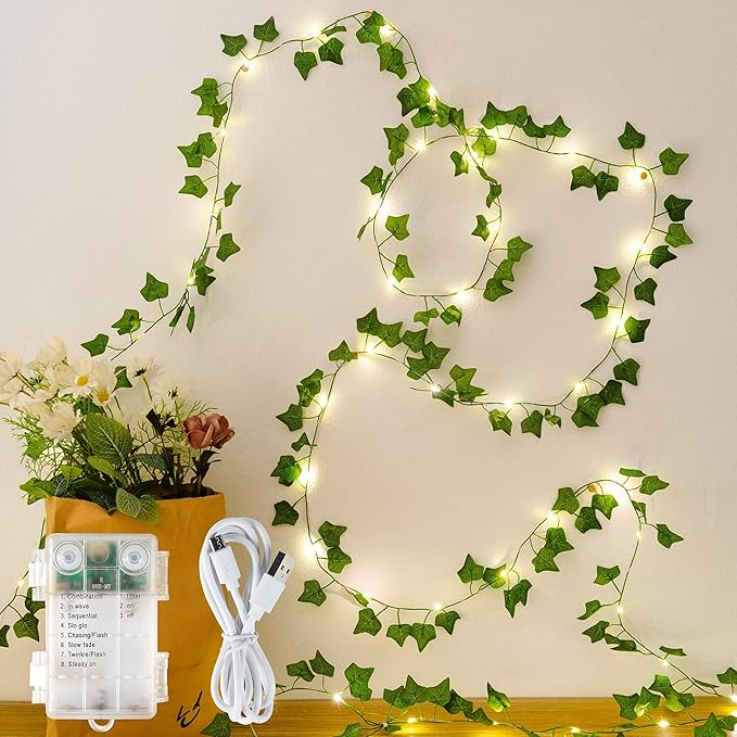 HEYFUNi Vines with Lights, 23 Ft 73 Led Fake Ivy Vines with Fairy Lights USB/Battery Operated, Leaf String Lights for Bedroom, Wall, Balcony, Wedding Decor, Warm White