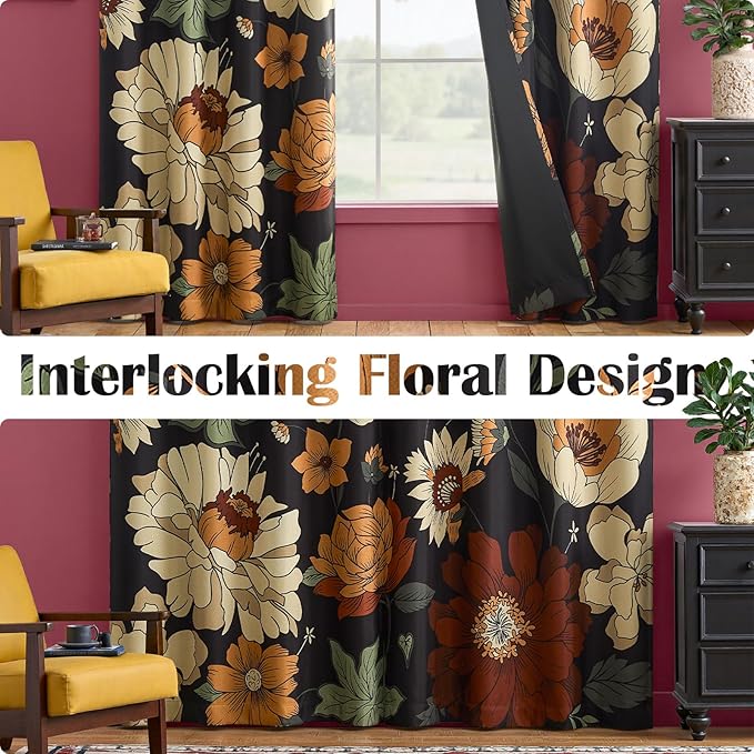 jinchan Lora Floral Curtains for Bedroom Blackout Drapes for Living Room Darkening Fabric Fall Decor Winter Vintage Flower Pattern Printed Window Curtains 90 Inches Length 2 Panels with Grommet Black