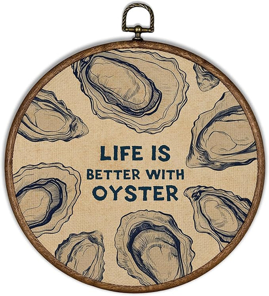 XBBMGG Coastal Oyster Wall Art Decor, Vintage Ocean Life is Better with Oyster Round Wall Hanging Decor, Nautical Beach Seashell Framed Canvas Prints for Living Room Bathroom Decorations, 10x10inch