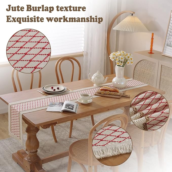 Boho Burlap Macrame Table Runner, Farmhouse Style Cotton Linen Rustic Woven Table Runner with Tassels for Dining, Wedding, Bridal Shower, Bohemian (12x108 inch, Red Grid)