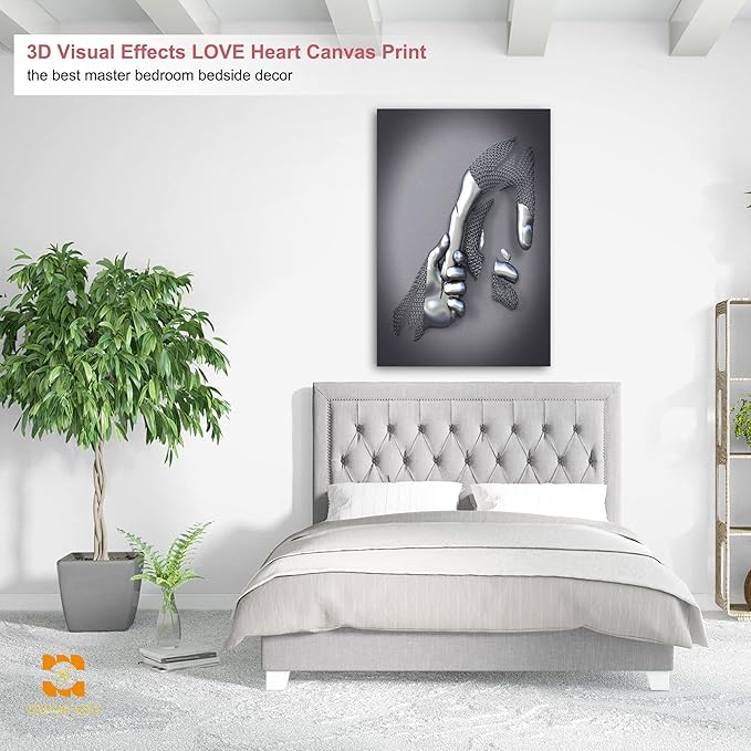 3D Metal Effect Canvas Wall - 3D Wall Art Decor Artwork hold hands Silver Modern Art Canvas Painting, Large Wall Art for Bedroom Dercorations Framed 32”x48”x1Pcs