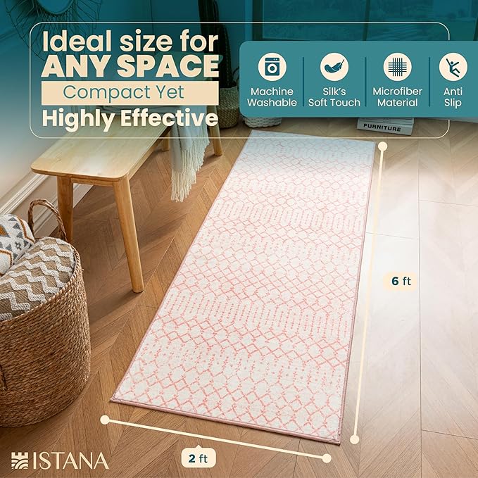 Istana Hallway Runner Rug 2x6 - Pink Kitchen Rugs Non Slip Washable -Silk's Soft Touch Carpet Runner - Stylish Rug Runner for Home