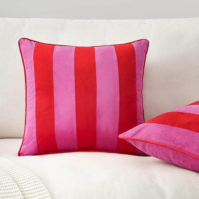 MONDAY MOOSE Decorative Throw Pillow Covers Cushion Cases, Set of 2 Soft Velvet Striped Piping Edge Designs, Pillow Inserts Not Included (Hot Pink/Red, 20x20 inch)