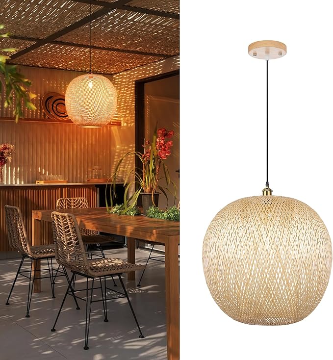 Arturesthome 15.7" Bamboo Pendant Lights, Round Wicker Chandelier, Hand-Woven Boho Basket Lampshade Hanging Ceiling Light for Kitchen Island Living Room