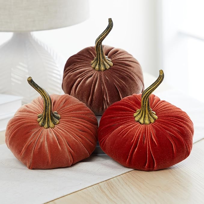 Set of 3 Velvet 6.25 Inch Pumpkins, autumn decor, Halloween indoor decor, fall cozy vibe, gift set, bowl filler centerpiece, gift set for hostess, pumpkin spice (Harvest, Bronze, Rust)