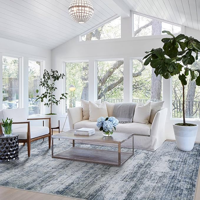 Area Rug Living Room Rugs: 6x9 Rug for Bedroom Machine Washable with Non Slip Backing Non Shedding Abstract Stain Resistant Large Carpet for Dining Room Nursery Home Office - Blue/Gray
