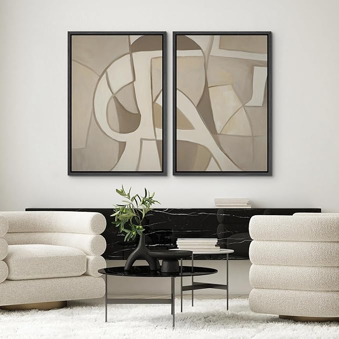 SIGNWIN Framed Canvas Print Wall Art Set Neutral Abstract Geometric Modern Minimalist Beige and Cream Illustrations Minimal Decorative Zen Bohemian for Living Room, Bedroom, Office - 24"x36"x2 Black