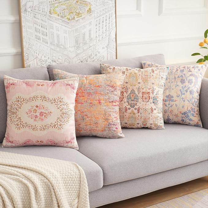 Boho Floral Throw Pillow Covers 20x20 inch Set of 2,Pink Boho Rug Geometric Floral Pattern Decor Double Sided Pattern Cushion Cover Soft Pillow Case Living Sofa Room Bed Square Pillow Cover
