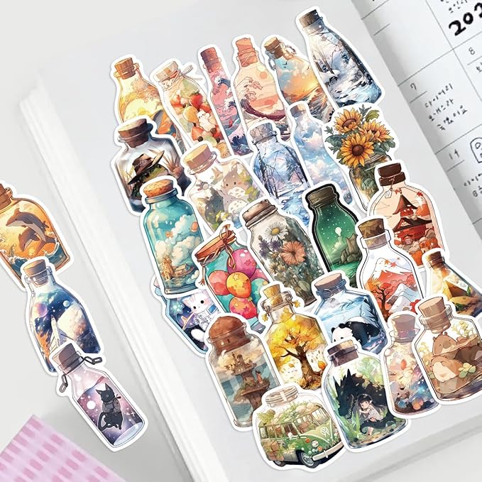 Yoksas 50Pcs World in The Bottle Stickers - Aesthetic Scenery Cartoon Anime Artist Decals for Water Bottle,Laptop,Scrapbooking,Tumbler