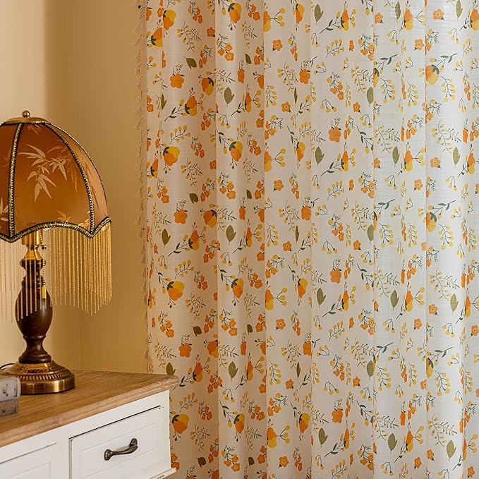 OYX Yellow Boho Pattern Floral Curtains 63 Inch Length 2 Panels for Living Room, Bedroom Light Filtering Drapes, Vintage Country French Tassels Patterned Rod Pocket Aesthetic Decor Window Treatments