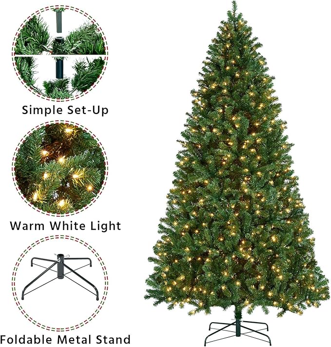 Yaheetech 9ft Pre-lit Spruce Artificial Hinged Christmas Pine Tree Prelighted Holiday Xmas Tree for Home Party Decoration with 850 Warm White Lights and 2160 Branch Tips, Green
