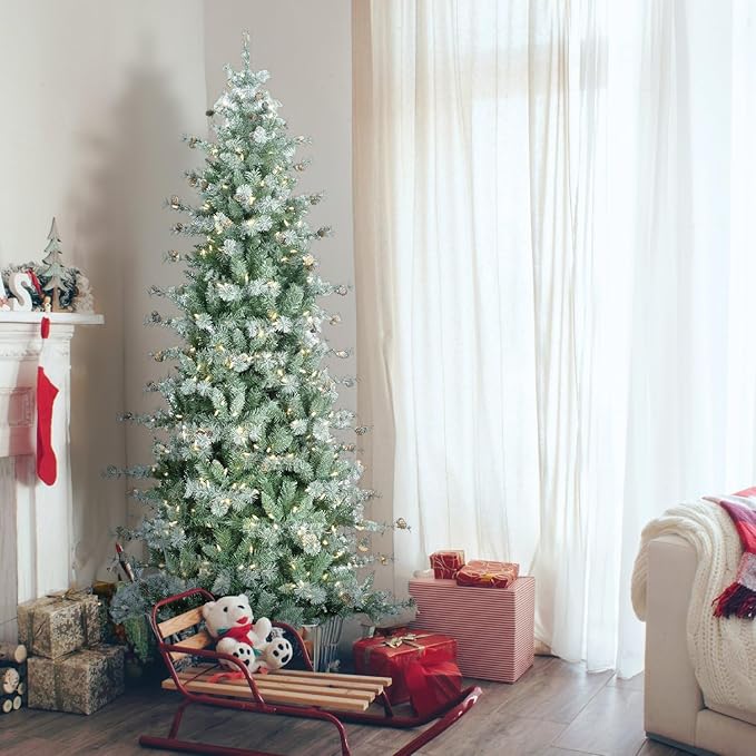 Fraser Hill Farm 7.5-Ft Buffalo Fir Slim Artificial Christmas Tree with Warm White LED Lights, Prelit Foldable Fake Tree with Realistic Snowy Foliage and Pinecones for Home Decoration