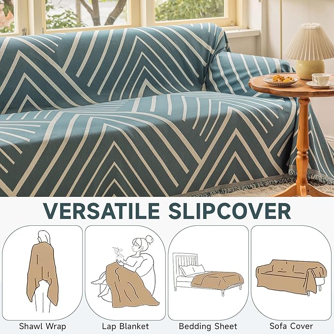 VClife Boho Farmhouse Couch Cover 71''x118'', 1 pc Washable Sofa Covers for 2 Cushion Couch Sofa Kids Soft Chenille Beige Green Herringbone Home Decor Couch Covers for Bed Sofa Living Room Slipcover
