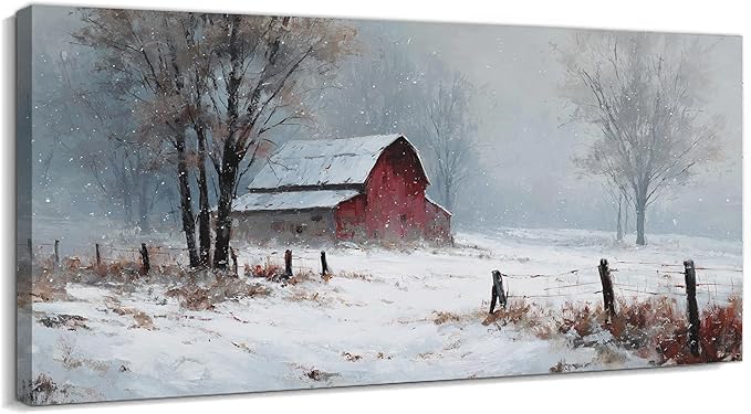 GUTTATY Christmas Winter Scene Canvas Wall Art, Red Barn Farmhouse Snowy Wall Painting, Rustic Poster Artwork, Cozy Seasonal Wall Decor Pictures for Living Room, Bedroom, Office, 40x20 Inch