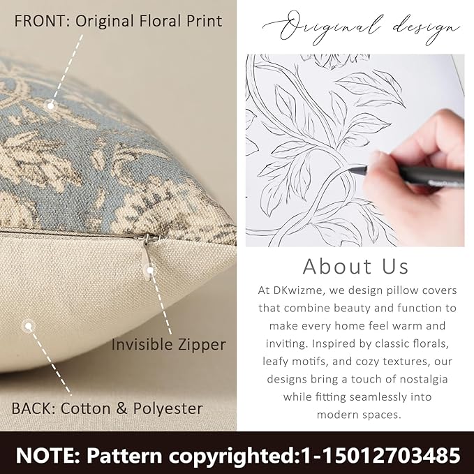Vintage Floral Print Throw Pillow Covers 18x18 Set of 2 Neutral Modern Farmhouse Pillowcases Accent Decorative Cushion Covers Boho Home Decor for Couch Sofa Chair Bed Living Room, Sky Blue