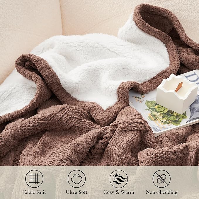 Amélie Home Cable Knit Throw Blanket for Couch, Chenille Sherpa Soft Cozy Throw Blankets for Sofa Chair Comfortable Home, 50"x60", Brown