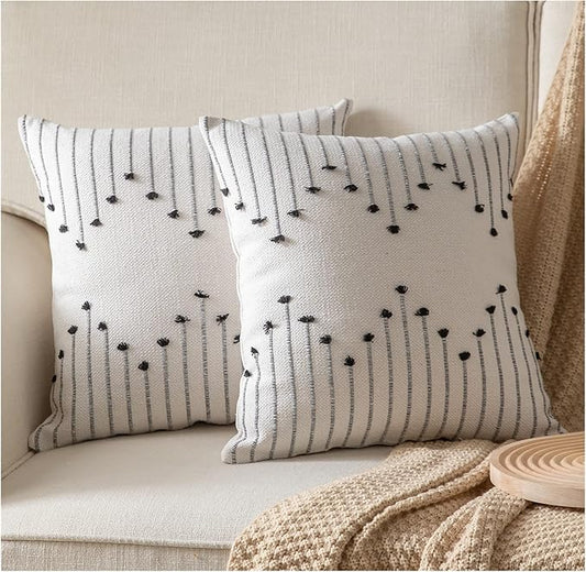 Caflife Boho Throw Pillow Covers 24x24 Set of 2 Decorative Pillows for Bed, Neutral Pillow Covers Beige with Black Line Throw Pillows for Modern Farmhouse Couch Sofa Living Room Outdoor
