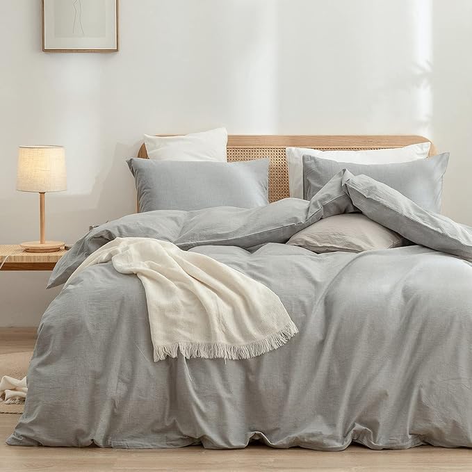 BESTOUCH Duvet Cover Set 100% Washed Cotton Linen Feel Super Soft Comfortable Chic Lightweight 3 PCs Home Bedding Set Solid Light Grey Oversized King