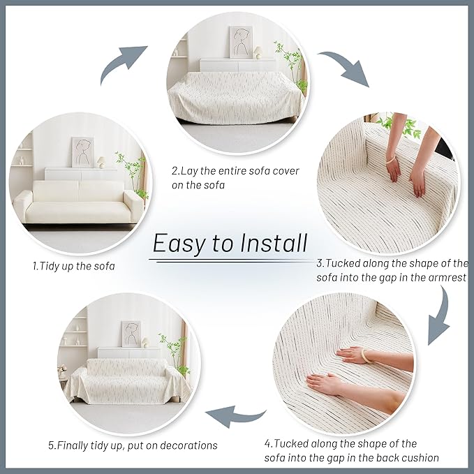 MYSKY HOME Sectional Couch Cover, Beige Lines Sofa Covers for Sectional Sofa L Shape Chenille Couch Protector for Dogs Pets Couch Throw Cover Washable Durable for Home Decor, 71" X118"