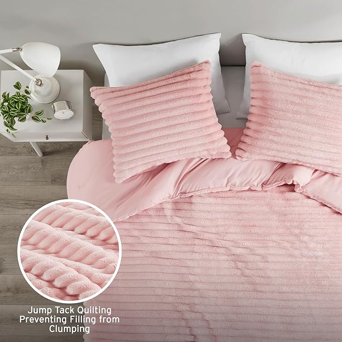 Intelligent Design Twin Comforter Set, Cozy Plush Bedding, Microfiber Reverse, 2 Piece, Lightweight, Super Soft Ribbed Velvet Comforter 1 Sham, All Season Fluffy Bed Set, Avril, Twin/Twin XL Pink
