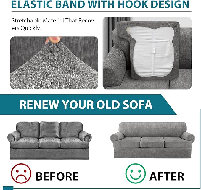 4 Piece T Cushion Sofa Slipcovers Stretch Couch Cover Furniture Covers with 3 Individual T Cushion Covers, Machine Washable for Living Room (Light Gray, 3 Cushions)
