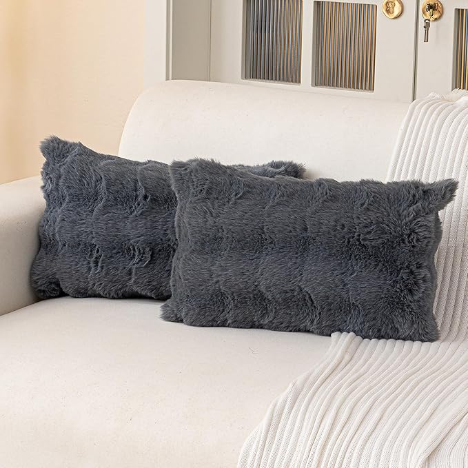 Faux Fur Throw Pillow Covers(Pack of Two, Dark Grey) 18×20 Inch Decorative Pillows Cover Neutral Soft Chenille Couch Pillows with Zipper Aesthetic for Living Room and Bedroom