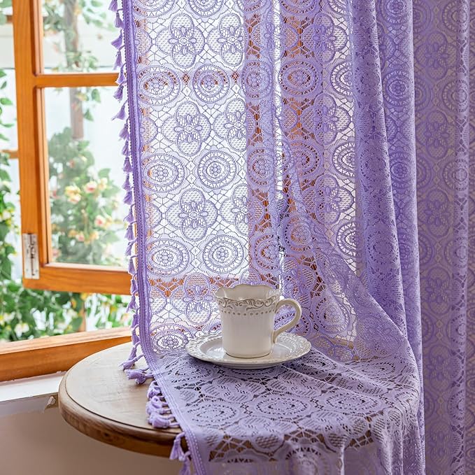 Lavender Sheer Curtains 63 Inch Length for Bedroom Girls 2 Panels Boho Crochet Curtains with Tassel Rod Pocket Floral Light Purple Lace Curtain Panels for Kitchen Closet Fairycore W59 x L63 Lilac