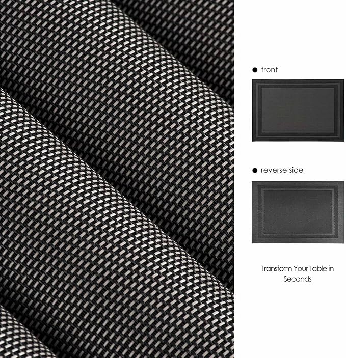 AHHFSMEI Placemats for Dining Table Set of 6 Woven Vinyl Plastic Place Mats Non-Slip Heat Insulation Stain Resistant Table Mats Washable Easy Clean Placemats (Black Frame)