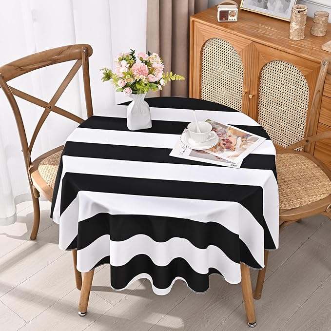 ASPMIZ Black and White Striped Tablecloth for Round Tables, Geometric Stripe Waterproof Table Cloth for Kitchen Dining Room, Polyester Tablecloth Round 60”